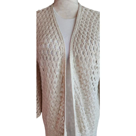 Christopher & Banks Off White Cream Crochet Knitted Open Long Cardigan Women's M - Picture 7 of 13